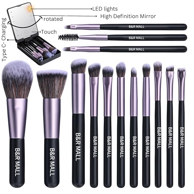 B&R MALL Makeup Brush Set with LED Mirror – Supper soft Brushes for Flawless Foundation, Concealer, Eyeshadow & More | Lightweight, Versatile, Perfect for On-the-Go Touch-Ups (Purple Black)