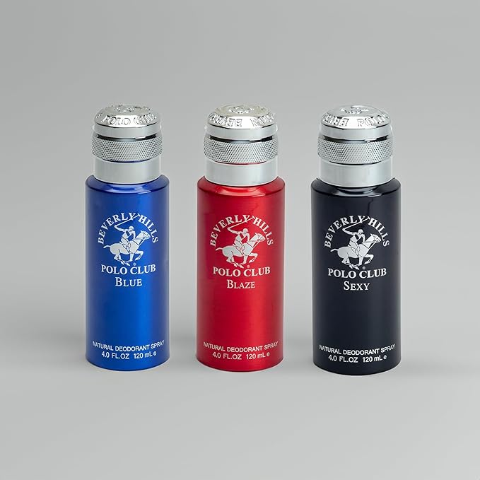 BHPC Men's Deodorant Body Spray Collection - 3 Piece Deodorizing Natural Body Spray Gift Set for Men - Beverly Hills Polo Club Long Lasting Odor Protection Deodorant - Sexy, Blaze and Blue (4 Oz Each)
