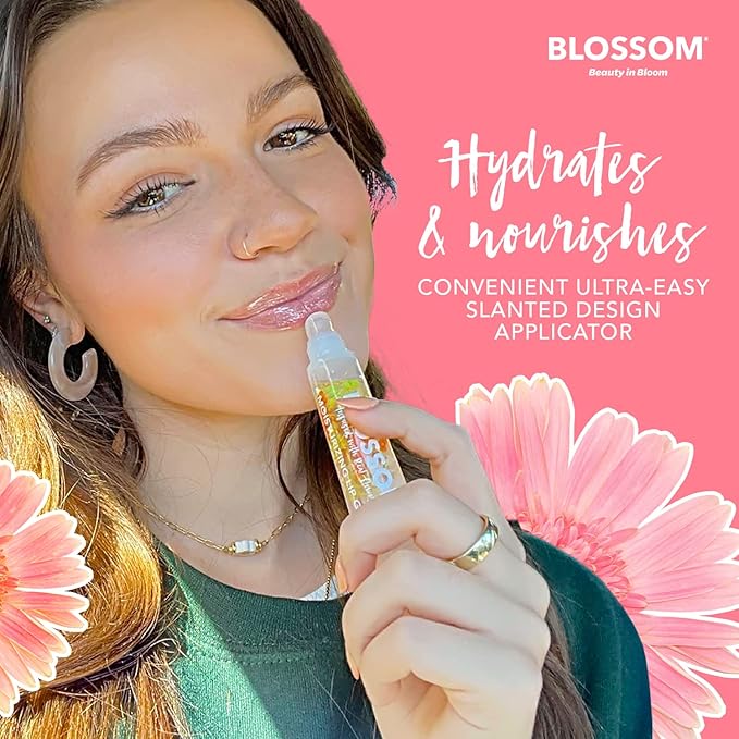 Blossom Moisturizing Lip Gloss Tubes, Roll on Perfume Oil, Natural Essential Oils, Scented pH Color Change Lip Balm with Real Flowers, 0.7 fl. oz/15mL, 3 Pack Gift Set, Cherry/Honey Jasmine/Turquoise
