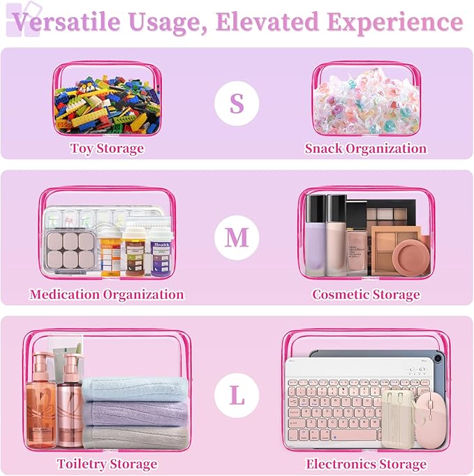 TISRATOK 12 PCS Clear Makeup Bag for Women with Zipper, TSA Approved Toiletry Pouch, Cosmetic Bag Bulk for Travel Organizer Essentials - Rose Red, Medium