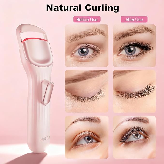 Heated Eyelash Curler, 8s Fast Heat Up, Dual Temperature Modes 149°F /167°F, Rechargeable 600mAh Battery, 24h Long Lasting, 1.5 Inch Wide Safe Silicone Pad Compact Travel Lash Curler Pink