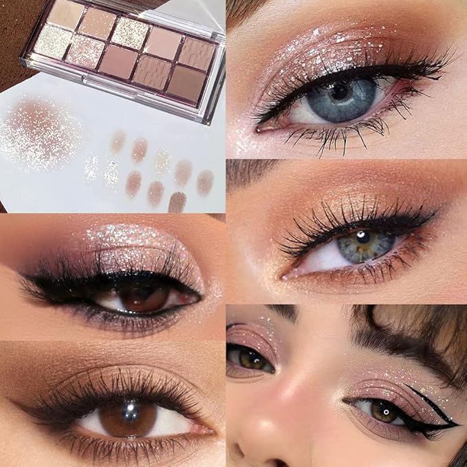10Colors Light Brown Nude Silver Eyeshadow Palette Makeup,Natural Neutral Eye Shadow,Naturing-Looking Long Lasting Waterproof Blendable Hypoallergenic Suitable for Beginners