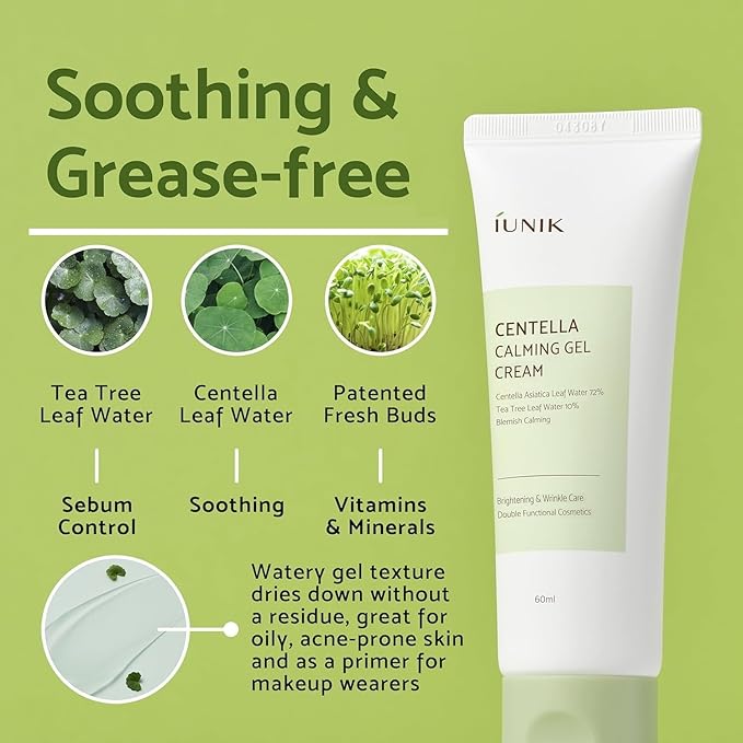 IUNIK Centella Calming Gel Cream Vegan Non-Sticky Moisturizing Blemish Care w/Centella Asiatica Tea Tree Soothes Acne Rosacea Oily & Sensitive Skin Korean Skincare