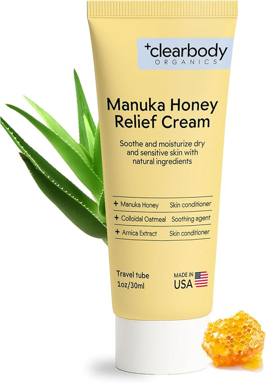 Clearbody Organics Manuka Honey Cream for Ezcema & Dry Skin - Manuka Honey Ointment - Colloidal Oatmeal, Aloe & Natural Ingredients - Fast Relief Lotion for Reactive Skin - No Greasy Residue - 1 oz