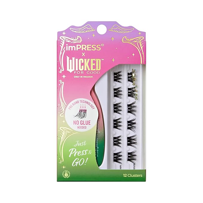 imPRESS X WICKED: FOR GOOD Press On Self Adhesive Eyelashes, ‘Fly…fly!’, 8mm-10mm Natural Volume Press On Lashes, Silver Glitter, 12 Lash Clusters & Non-Stick Mini Applicator