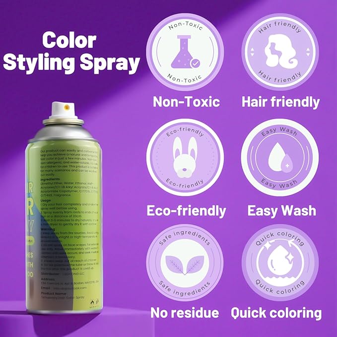 Purple Hair Spray, Temporary Hair Color Spray for Women Men– Safe Non Sticky Washable One Day Hair Dye Spray, Disposable Accessories Included, for Halloween Cosplay Party DIY Costume Pet Fun