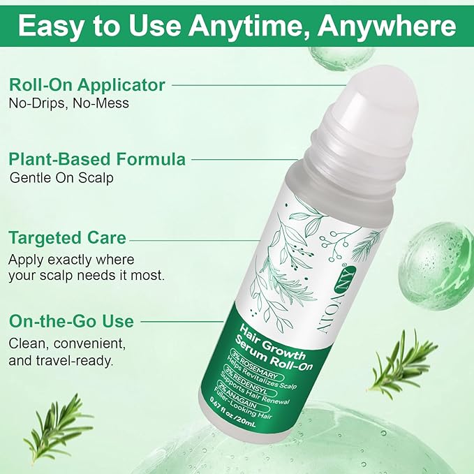 Rosemary Hair Growth Serum Roll On, Hair Thicker Serum with 3% Rosemary, 3% Redensyl & 2% Anagain, Scalp Serum, Reduces Hair Fall & Follicle Strengthener, Thicker, Fuller Hair, All Hair Types (2PCS)