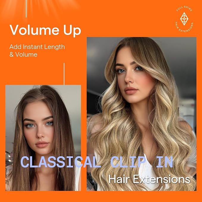 Full Shine Human Hair Clip in Extensions Brown Balayage Remy Hair Extensions Balayage Brown to Blonde Ombre Clip in Hair Extensions 16 Inch 7 Pcs 120 G