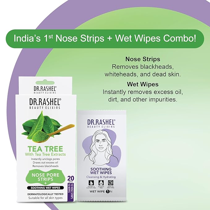 DR.RASHEL Tea Tree Nose Pore Strips For Pore Cleansing, Instant And Painless Blackheads Removal | Deep Purifying Blackhead Remover Strips for Nose | 20 PCS (10 Strips & 10 Wipes)