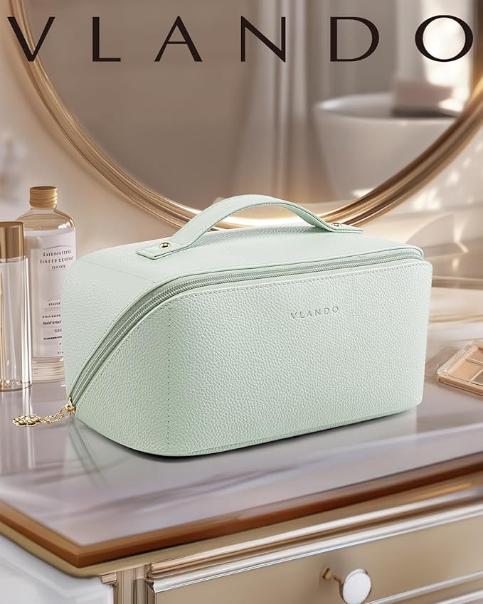 Vlando Makeup Bag,Large Capacity Toiletry Bag for Women Waterproof Portable Make up Pouch PU Leather Open Flat Cosmetic Bag(Mint Green)