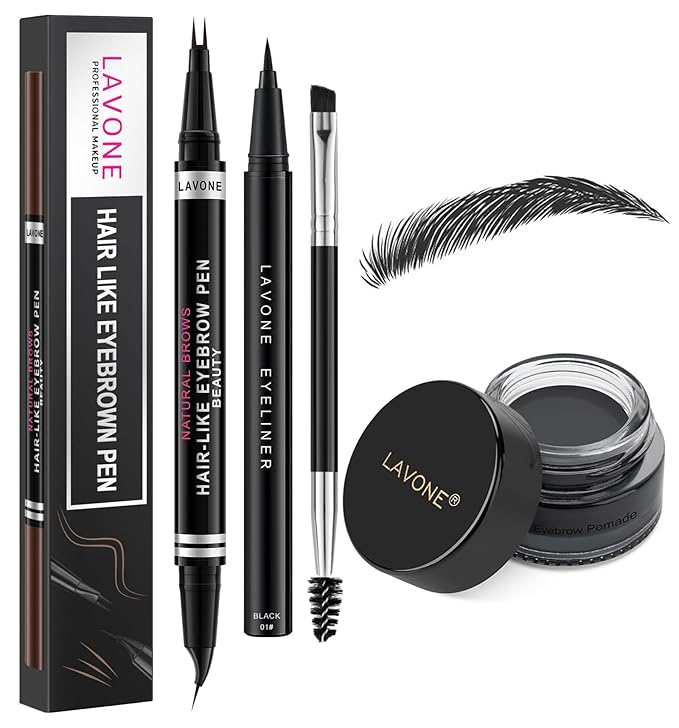 LAVONE Hair-Like Eyebrow Pen Makeup kit, Eyebrow Pencils for Women with Waterproof Microblading Eyebrow Pencil, Eyebrow Pomade, Eyeliner and Eyebrow Brush, Create Full, Natural Brows, Black