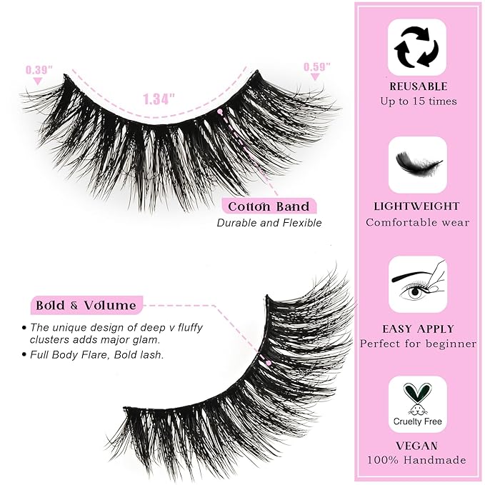 Lashes Wispy False Eyelashes Natural Fake Mink Lash Strips Cat Eye Eyelash Strip 14 Pairs Eye Lash Pack Lightweight Fluffy Cateye Lashes Soft Band 10-15mm Wispies Easy Eyelashes Natural Look
