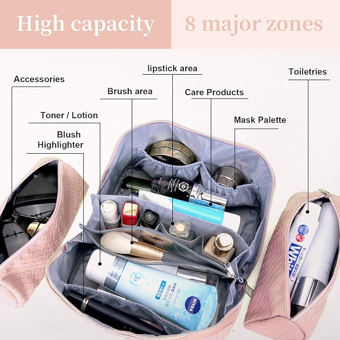BOYATU Travel Makeup Bag Cosmetic Bags for Women: Large Capacity 3 Pcs Set Make up Bag with Compartments - Waterproof Vegan Leather Toiletry Organizer Bags with Handle (L02 Light Pink)