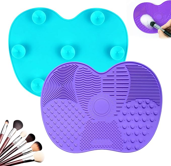 2 PCS Silicone Makeup Brush Cleaner Mat, 7 Textures Make Up Brush Cleaning Mat, Cosmetic Cleaning Pads, Portable Washing Tool with Suction Cup, Easy to Clean, Ideal for Travel and Home Use