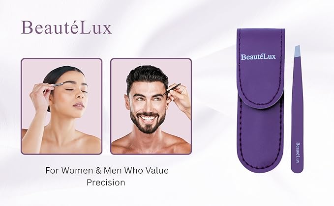Slant Tip Eyebrow Tweezer for women & men, Stainless Steel Tweezers, Stocking Stuffer for women & men Facial Hair Removal tweezers for Chin hair, Ingrown Hair tweezer, Purple Travel tweezers with case