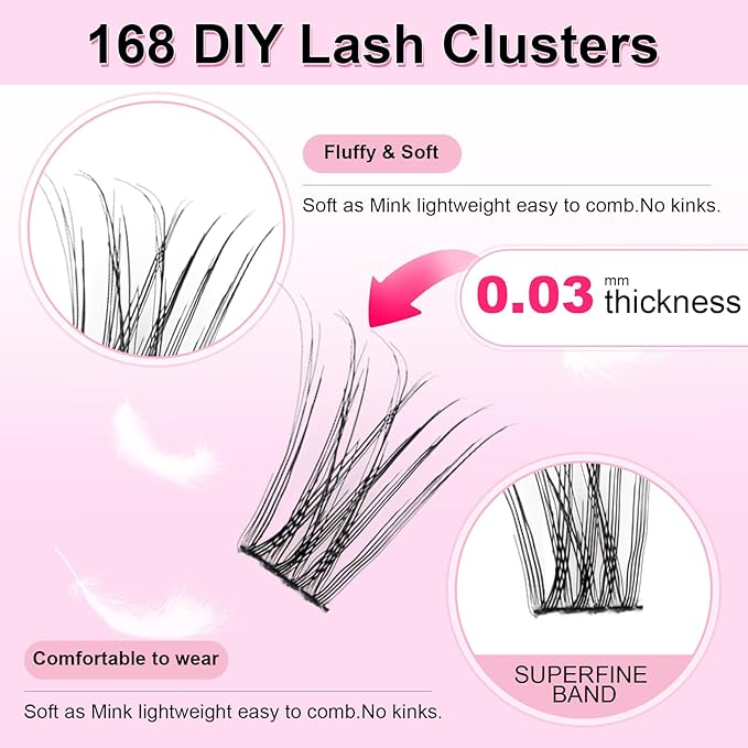 168Pcs Ultra-Fine soft Lash Clusters 0.03 mm thick 9-16mm Mixed Length Natural Wispy Eyelash Clusters Lightweight, easy to apply Lashes With premium eyelash effect (QR-0.03mm thickness - 168Pcs)