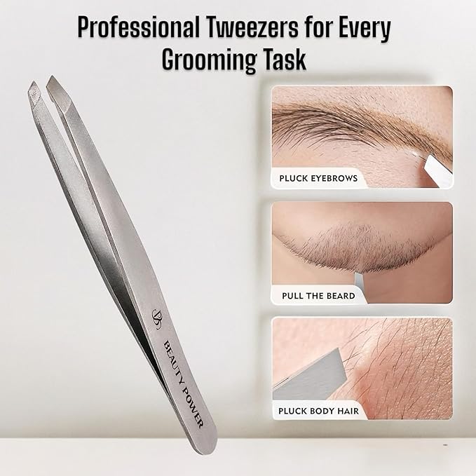 Professional Precision Slant Tweezers for Women Facial Hair - Tweezers for Men & Women, Eyebrow Tweezer for Ingrown Hair Blackhead & Splinter Removal - Grey