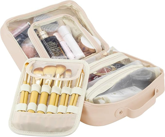 Travel Makeup Bag Large Capacity Cosmetic Organizer Waterproof Leather Toiletry Bag with Brush Holder and Handle Portable Cosmetic Storage Bag for Women Girls Gift - Pink