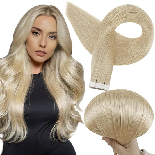 Full Shine Tape in Extensions 20 Inch Hair Extensions Real Human Hair Tape in Double Sided Seamless PU Human Skin Weft Color 613 Bleach Blonde Real Remy Extension 50G 20Pcs Natural Straight
