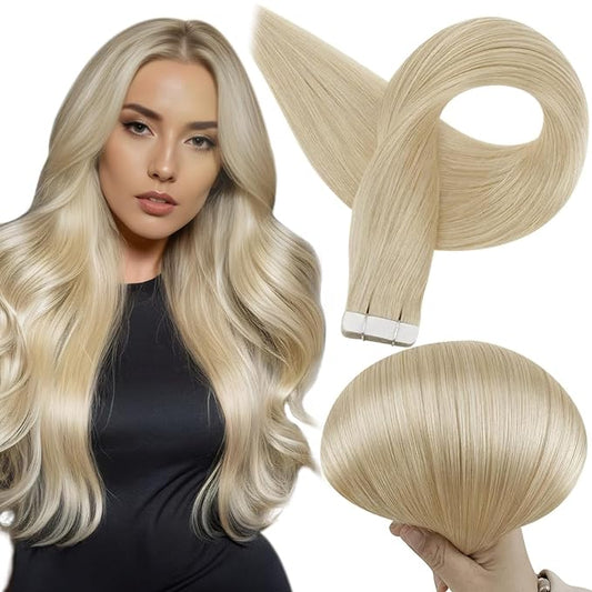 Full Shine Blonde Tape in Hair Extensions 16 Inch Tape in Human Hair Extensions Color 613 Blonde Seamless PU Tapes in Extensions 50 Grams 20 Pieces Skin Weft Hair Invisible Remy Hair