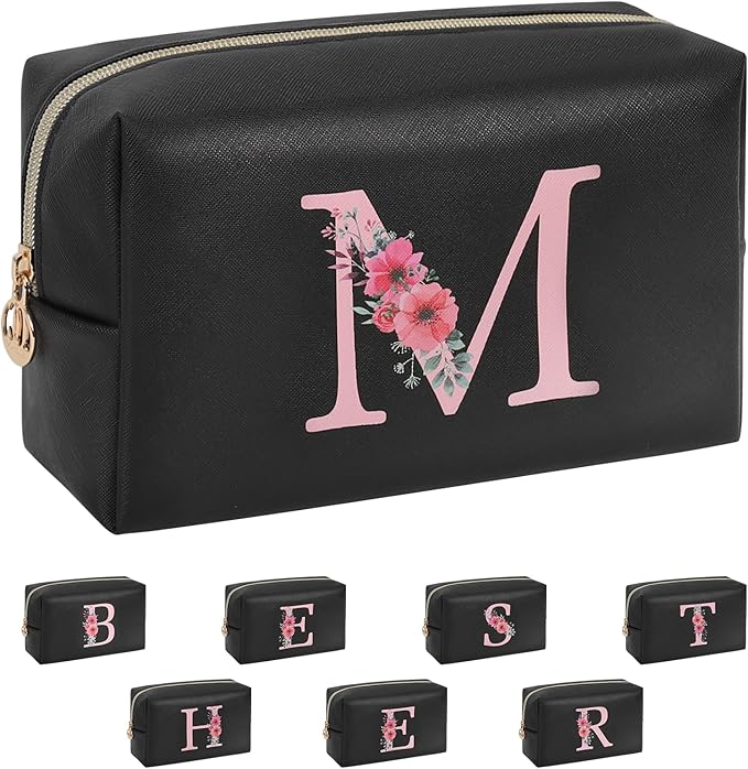 Personalized Initial Makeup Bag, Birthday Gifts for Women and Girls, Small Makeup Pouch Travel Toiletry Bag, Make Up Organizer Bag Gift Trendy Stuff for Friend Mom Teacher, Black