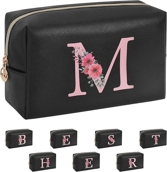 Personalized Initial Makeup Bag, Birthday Gifts for Women and Girls, Small Makeup Pouch Travel Toiletry Bag, Make Up Organizer Bag Gift Trendy Stuff for Friend Mom Teacher, Black