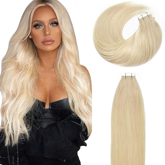 Lacer 22 Inch Hair Extensions Tape in Remy Human Hair Natural Platinum Blonde Color PU Skin Weft Double Side Real Human Hair Tape in Hair Extemsions 50g 20pcs/set