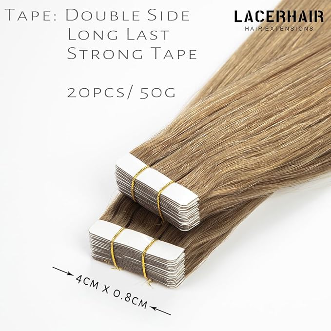 Lacer Tape In Hair Extensions Human Hair - Remy Human Hair Extensions Tape in for Women - 20 Pieces 50 Grams 10 Gold Brown, 22 Inch