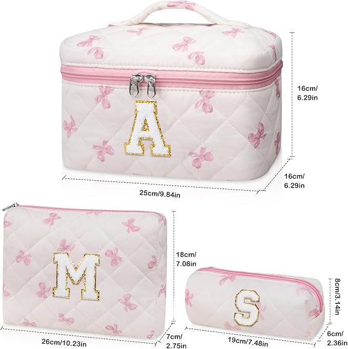 Initial Makeup Bag Set, Personalized Quilted Makeup Bag, Large Floral Cosmetic Bag for Women, Cute Cotton Custom Make up Bags, Flower Travel Toiletry Bag Teen Girl Gift Pink Butterfly E
