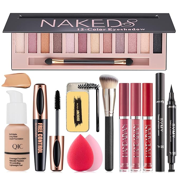 All in One Makeup Kit, Makeup Kit for Women Full Kit, Travel Make Up Gift Set for Women Teens Girls, Includes Eyeshadow, Foundation, Lipstick Set, Eyebrow Soap, Eyeliner Stamp, Mascara, Brush, Sponge