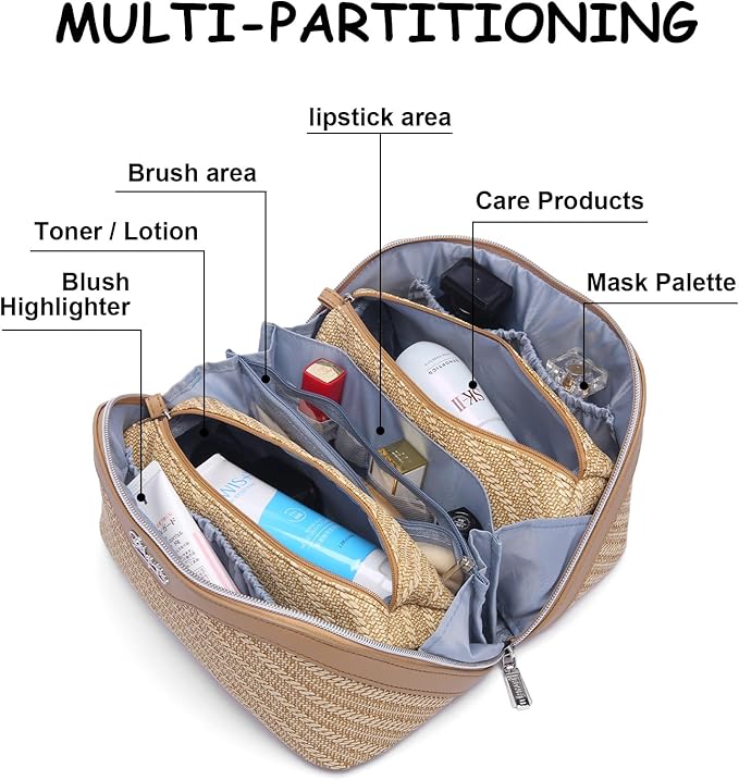 BOYATU Travel Makeup Bag Cosmetic Bags for Women: Large Capacity 3 Pcs Set Make up Bag with Compartments - Waterproof Vegan Leather Toiletry Organizer Bags with Handle (Z-Brown)