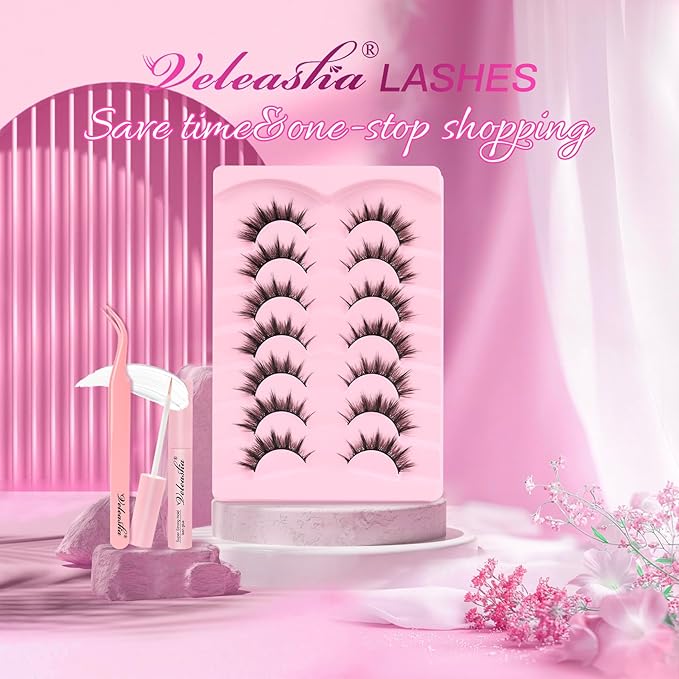 Veleasha Lashes Kit Manga Eyelashes Cat Eye Lashes Spiky Eyelash C Curl with Lash Glue & Tweezers Lash Wispy Natural Look False Eyelashes with Soft Cotton Band 7 Pairs Pack (Sunny Kit)