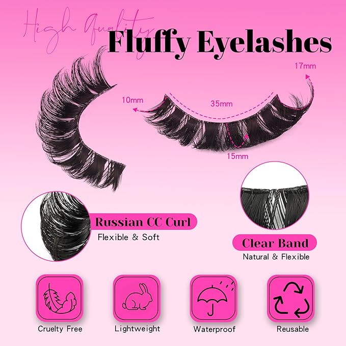 Veleasha Lashes Fluffy False Eyelashes with Clear Band Volume Eyelashes Looks Like Lash Extensions CC Curl Soft Fake Lashes Strips Lashes 10 Pairs Pack (P32E-T)