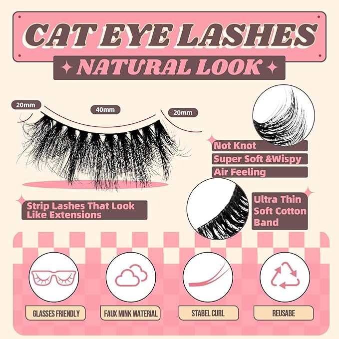 FADVAN False Eyelashes Faux Mink Lashes 6D Volume Full Cat Eye Long Dramatic Strip Lashes That Look Like Extensions Thick Cat Eye False Eyelashes Pack 10 Pairs-D02