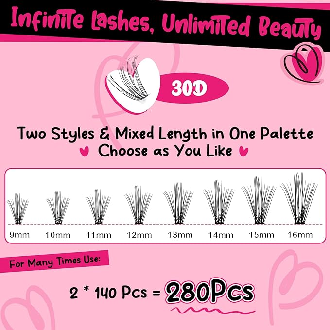 Lash Clusters Kit 280pcs Eyelash Clusters D Curl Eyelash Extension Kit Individual Lashes with Lash Bond and Seal Lash Remover Lash Applicator Easy to Apply at Home(50D-9-16mix Kit)