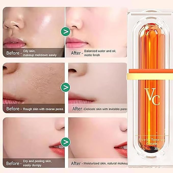 Japanese Vitamin C Makeup Tone Up Cream, Five Vitamin C Tone-Up Cream, Moisturizing Lady Plain Face Non Greasy For All Skin Types (1pcs)