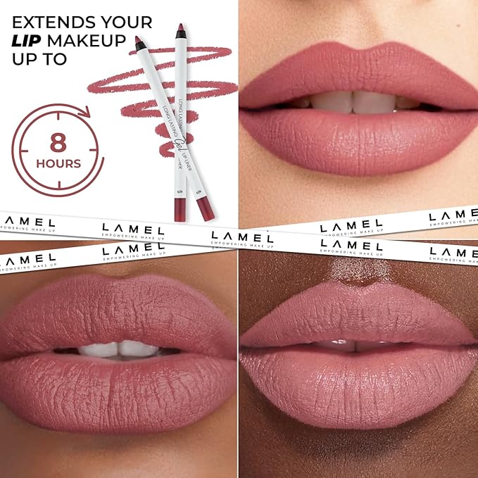Lamel Matte Gel Lip Liner Pencil 5 Pcs Set - Creamy, Sharpenable, Longwear, Waterproof Lip Combo - Nude Pink 407, Nude 409, Red 411, Mauve 410 and 412