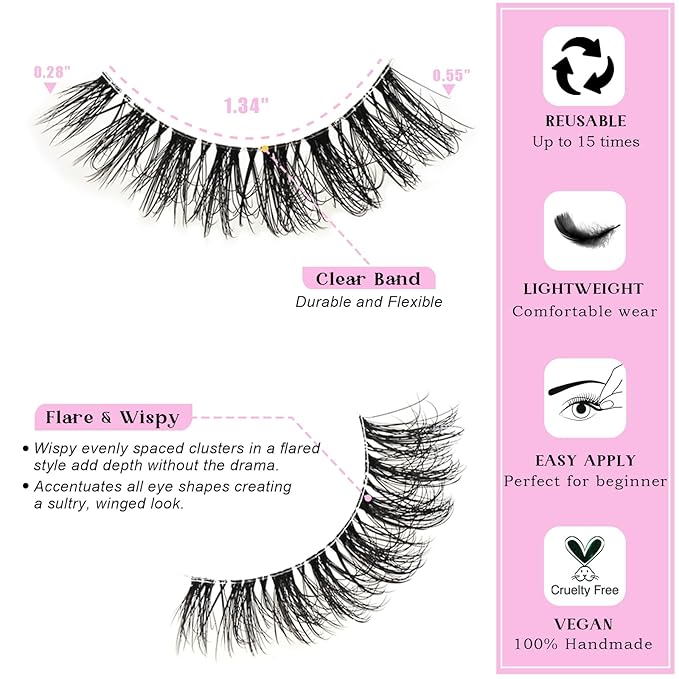 Lashes Wispy False Eyelashes Cat Eye Lash Strips Natural Fake Eyelash Mink Strip Lash Pack 14 Pairs Lightweight Fluffy Cateye Lashes Soft Cotton Band 7-14mm Wispies Easy Eyelashes Natural Look