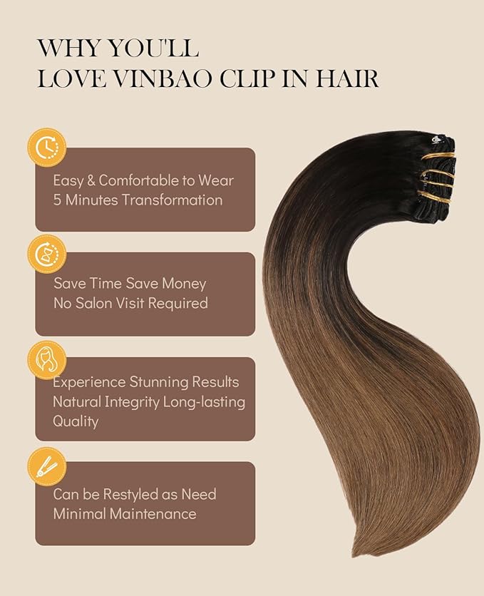 VINBAO Clip in Hair Extensions Real Human Hair Color 1B Off Black Fading to 4 Middle Brown Full Head Thick End Long Straight Clip in Hair Extensions for Women 18 inch 120 Gram 6Pcs (#1BT4,18'')