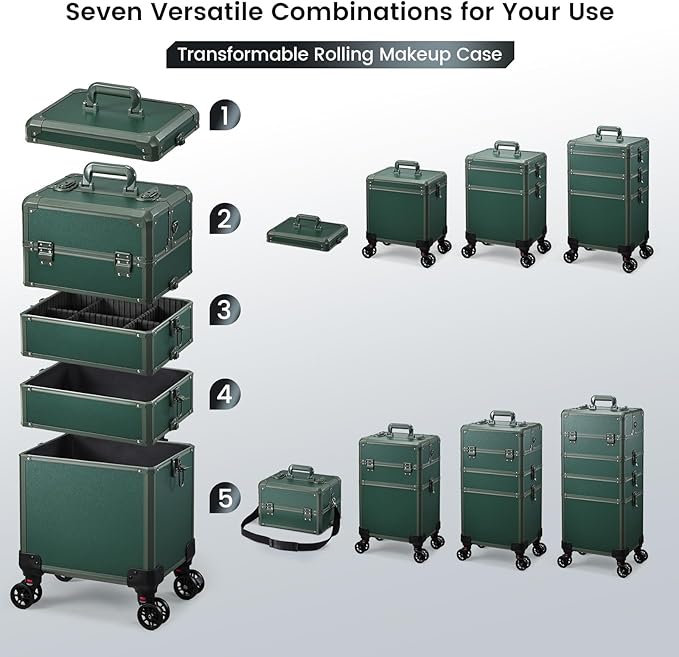 FRENESSA Rolling Makeup Train Case Cosmetology Case on Wheels 5 in 1 Makeup Case with Lid Rolling Large Make Up Organizer for Artist Barber Salon Nail Teach Kits Professional Cosmetic Box Green