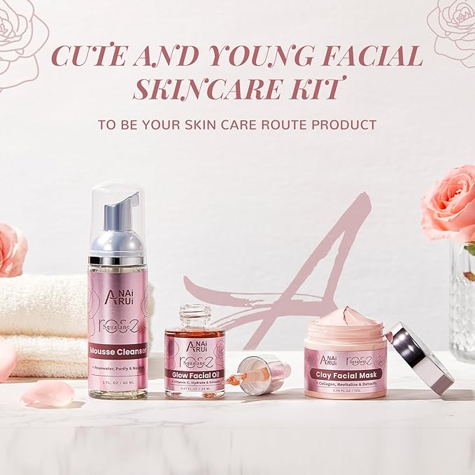 ANAiRUi Rose Skincare Gift Set, Christmas Gift for Women, Facial Skincare Kit for Women, Rose & Squalane Face wash and Moisturizer Set with Clay Mask, Face Cleanser and Facial Oil, Purify, Hydrate
