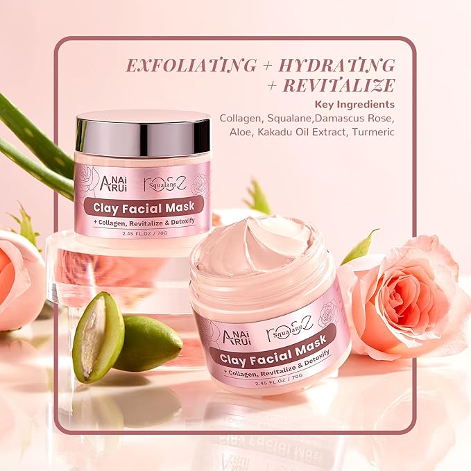 ANAiRUi Rose Skincare Gift Set, Christmas Gift for Women, Facial Skincare Kit for Women, Rose & Squalane Face wash and Moisturizer Set with Clay Mask, Face Cleanser and Facial Oil, Purify, Hydrate