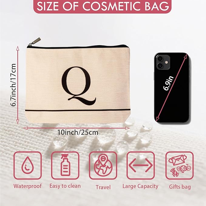 Letter A-Z Initial Personalized Makeup Bags, Birthday Gifts for Women, Monogrammed Gifts for Women Mom Sister Best Friend Bride Bridesmaid, Mothers Day, Christmas, Small Travel Cosmetic Bag (Q)