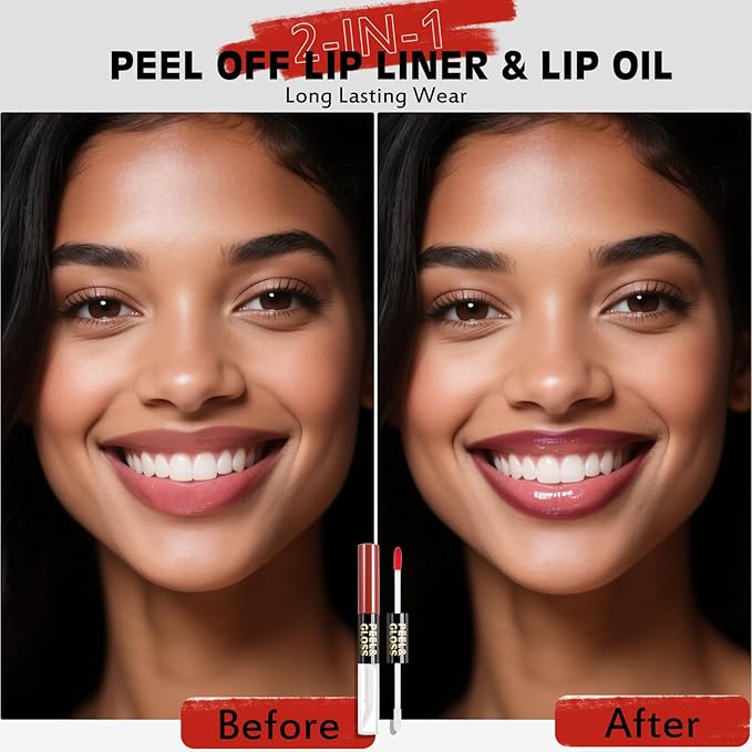 Lip Stain Peel Off Lip Oil 2 in 1 Combo Set, Berry Long Lasting Tattoo Lip Liner Stain, Transfer-Proof Lip Tint Matte Finish Moisturizing Lip Gloss for Women Daily Makeup, Easy to Apply