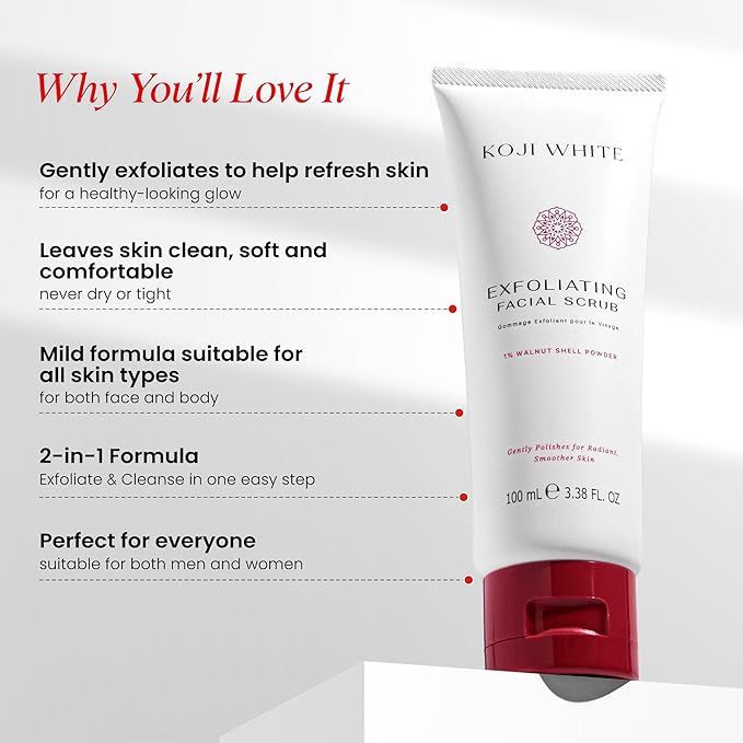 Koji White Exfoliating Facial Scrub, Gentle Face Wash with 1% Walnut Shell Powder, AHA, Kojic Acid Dipalmitate & Hyaluronic Acid | Hydrating, Unscented, Vegan, 100ml (3.38 Fl Oz)