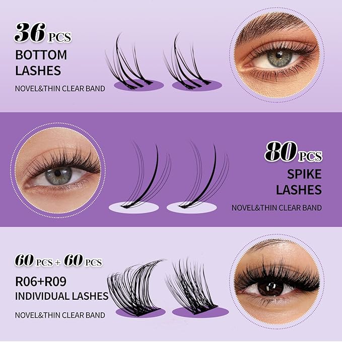 DIY Lash Extension Kit Lash Clusters With Bottom Lashes Volume/Wispy Clusters12-18mm Multi-types Individual Lashes Bond and Seal, Spike, Volume Kit Lash Applicator(Wispy Kit)
