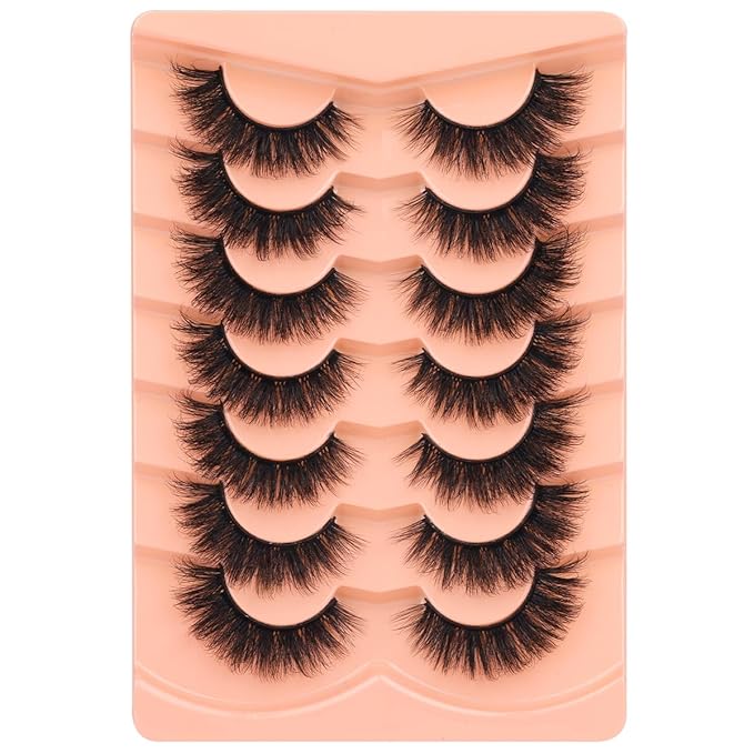Kiromiro Mink Lashes False Eyelashes 18mm 3D Volume Cat Eye Lashes Faux Mink Eyelash Wispy Fake Eyelashes Thick Strips Lash Pack, 7 Pairs