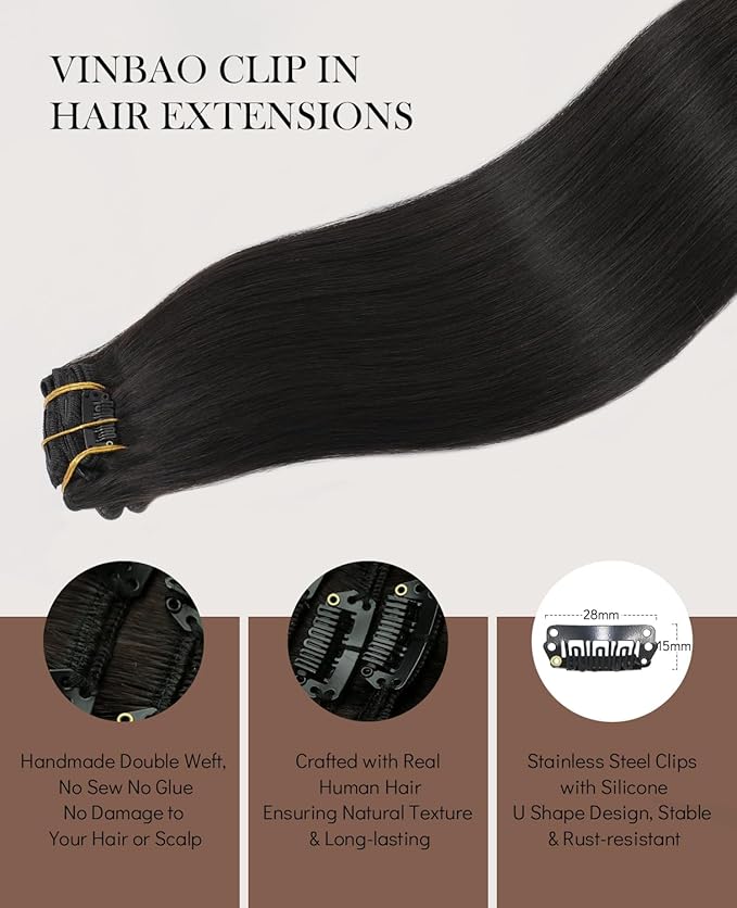VINBAO Real Hair Extensions Clip in Human Hair 20 Inch 6pcs 120g Off Black Human Hair Extensions Silky Straight Clip in Hair Extensions Real Human Hair for Women(#1B,20'')