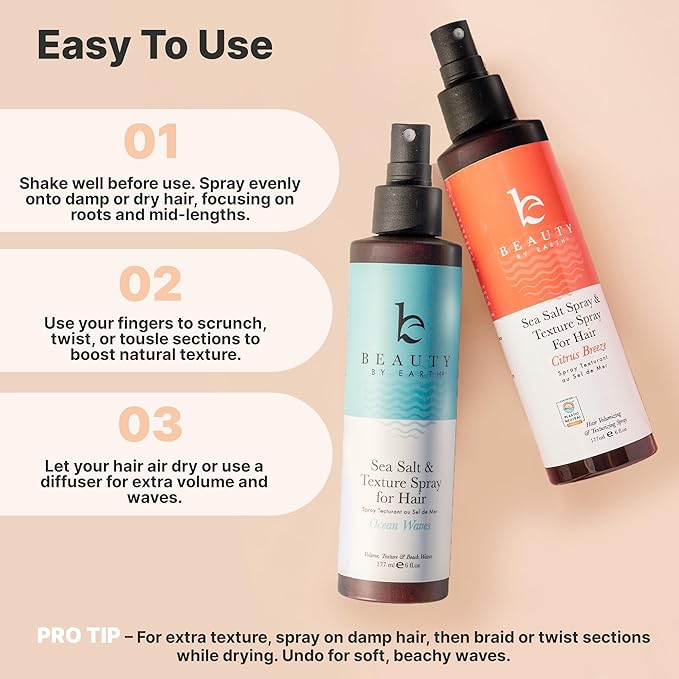 Beauty by Earth Sea Salt Spray for Textured Beach Waves & Volume - USA Made with Organic Ingredients, Texturing & Volumizing Spray for Fine Hair for Men & Women