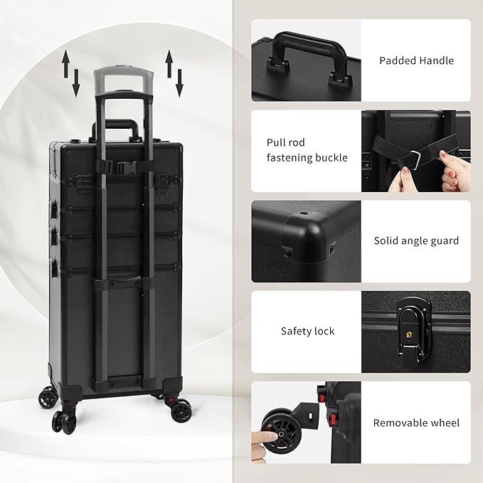 Profesional Rolling Makeup Train Case with Lid, 5 in 1 Cosmetology Case on Wheels, Large Cosmetic Trolley Organizer Travel for Hairstylist Artist Nail Beauty Salon Barber, Black